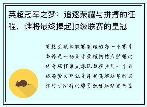英超冠军之梦：追逐荣耀与拼搏的征程，谁将最终捧起顶级联赛的皇冠